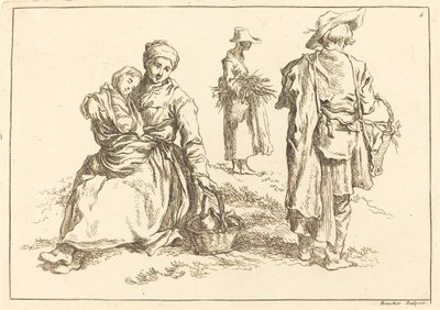 Sitzende Mutter und Kind, zwei stehende Bauern von François Boucher after Abraham Bloemaert