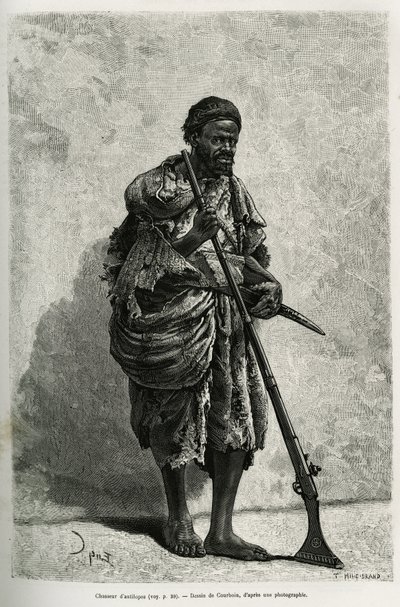 Antilopenjäger. Gravur von Courboin, zur Illustration des Algerischen Sahara, von V. Largeau, 1874-1878, veröffentlicht in der Tour du monde, unter der Leitung von Edouard Charton von François Courboin