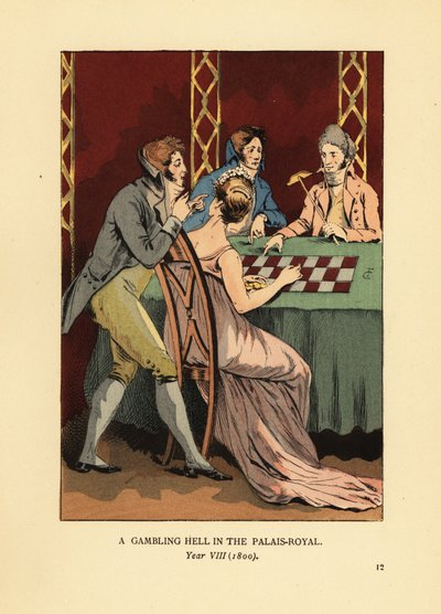 Modische Incroyables in hochgeschlossenen Jacken an einem Spieltisch mit junger Frau und Croupier. Eine Spielhölle im Palais Royal, Jahr VIII von François Courboin