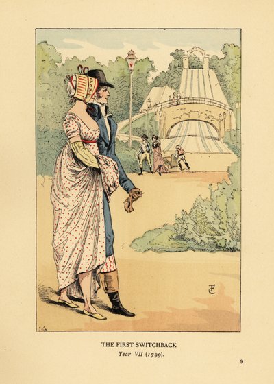 Modisches Paar auf der Achterbahn der Russischen Berge, Les Montagnes Russes in Belleville, gebaut 1812. (Die erste Achterbahn, Jahr VII) von François Courboin