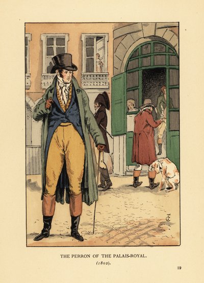 Modischer Herr vor dem Eingang zum Passage du Perron, Palais Royal. Er trägt Hut, Krawatte, Mantel, Weste, Kniehosen und Stiefel. Der Perron des Palais Royal, Paris von François Courboin
