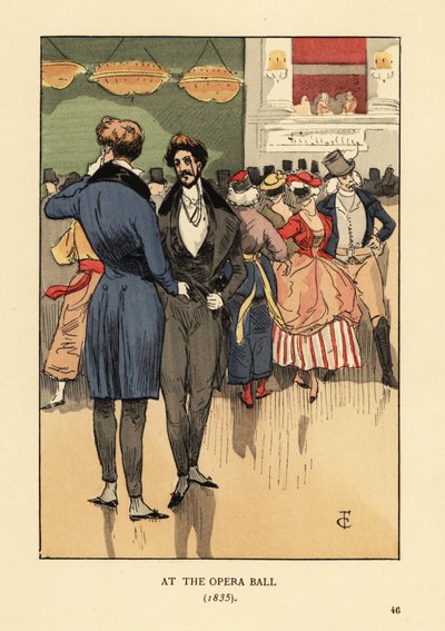 Gecken im Mantel mit Schwänzen, Weste, engen Hosen und weißen Strümpfen. Menschen in Kostümen und Masken hinter ihnen. Beim Opernball 1835 von François Courboin