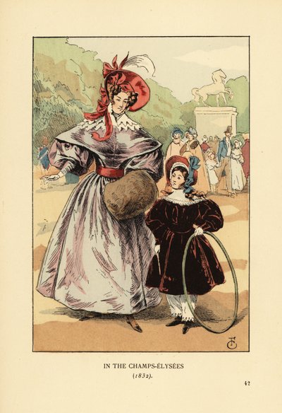 Frau und Kind mit Reifen spielen im Park. In den Champs Elysees von François Courboin