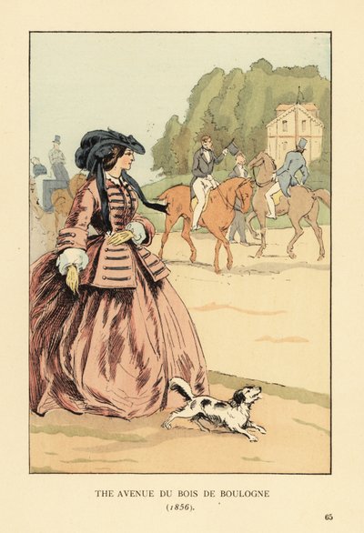Frau mit Haube, Jacke und weiter Krinoline mit Hund beobachtet Reiter und Kutschen auf der Reitbahn. Die Avenue du Bois de Boulogne, Paris von François Courboin