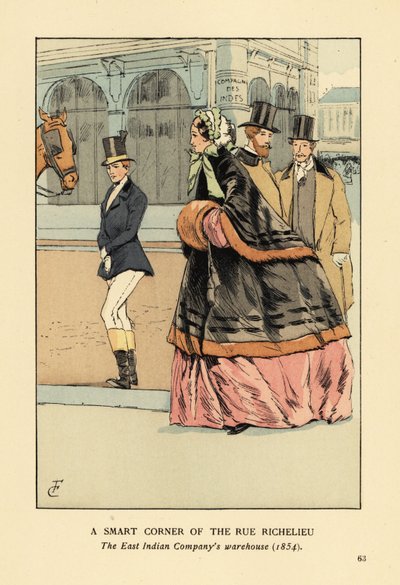 Frau im Pelzbesetzten Umhang und Muff über einem weiten Reifrock, mit einer anderen Frau in Reitkleidung. Eine schicke Ecke der Rue de Richelieu, das Lagerhaus der Ostindien-Kompanie, Paris von François Courboin
