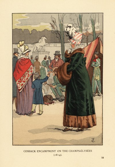 Frau in pelzgefüttertem Mantel mit Pelzmuff besucht das Tatar- und Kalmyk-Kosakenlager in Paris nach dem Fall Napoleons. Kosakenlager auf den Champs Elysees von François Courboin