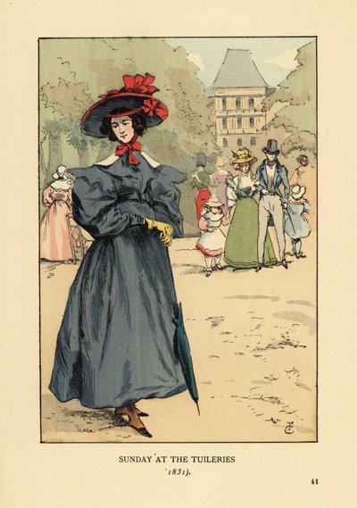 Frau promeniert in Sonntagskleidung im Park. Sie trägt einen breitkrempigen Hut, ein Kleid mit weiten Ärmeln, Stiefeletten und einen Sonnenschirm. Sonntag im Tuileriengarten von François Courboin