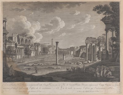 Ansicht des Campo Vaccino, mit dem Kolosseum im Hintergrund und den Ruinen des Tempels..., 1796 von François Morel