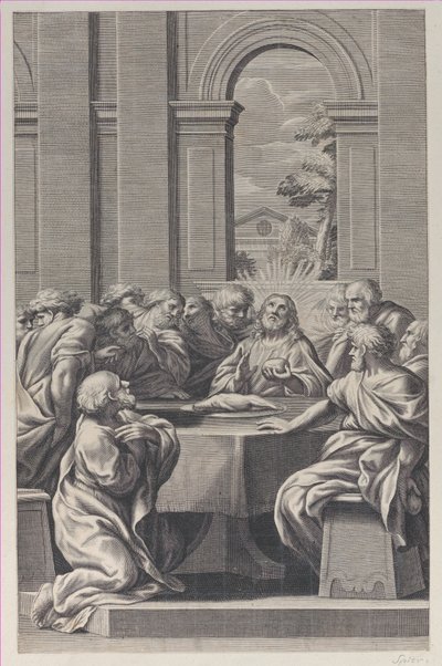 Das letzte Abendmahl, das Innere eines klassischen Gebäudes mit Christus und seinen Aposteln, 1660-81 von François Spierre