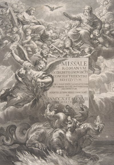 Die heilige Dreifaltigkeit mit dem heiligen Michael, der einen sechsköpfigen Drachen besiegt von François Spierre