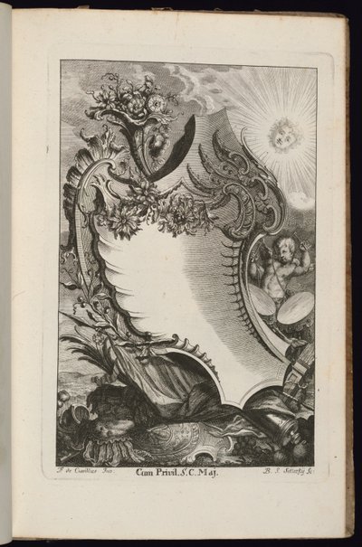 Kartusche mit Füllhorn und Sonne, Buch der unregelmäßigen Kartuschen von François de Cuvilliés the Elder