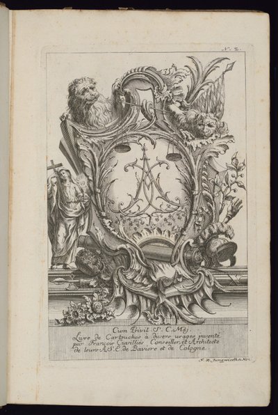 Kartusche mit zwei Löwen und einem Chiffre, Livre de Cartouches à divers usages (Buch der Kartuschen für verschiedene Verwendungen) von François de Cuvilliés the Elder