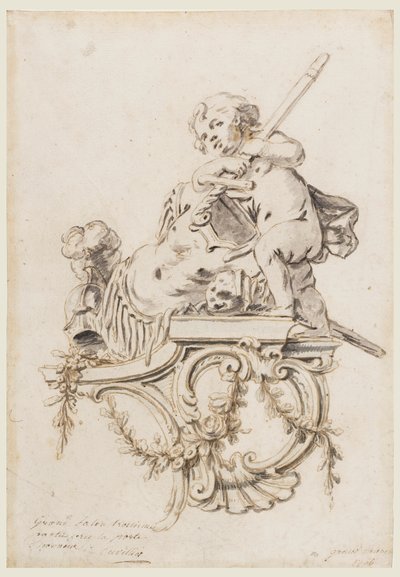 Entwurf für eine skulptierte Konsole mit Putto, begleitet von den Attributen des Krieges, für das Grand Trianon, Versailles von François de Cuvilliés the younger
