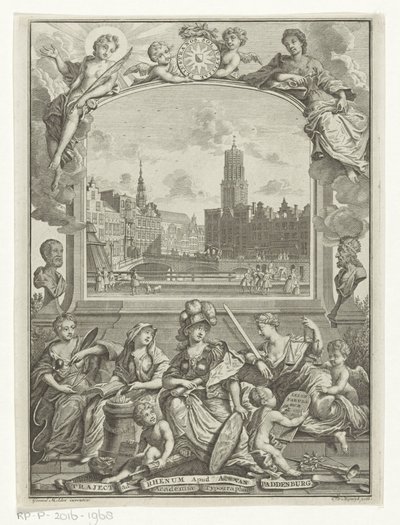 Stadtansicht mit Domkirche in Utrecht und Allegorie mit Minerva und Tugenden von François van Bleyswijck
