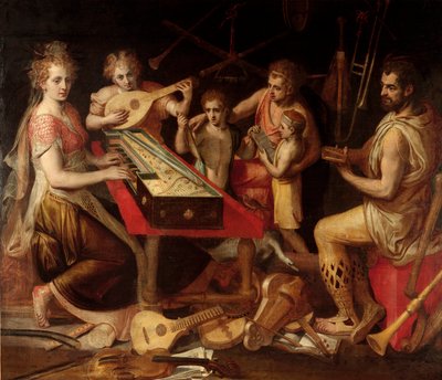 Musikcharaktere, alte Musikinstrumente bilden eine Allegorie. von Frans Floris