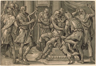 David spielt die Harfe vor Saul von Frans Floris I