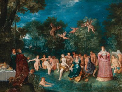 Diana und ihre Nymphen beim Baden, mit einer Hirschjagd im Hintergrund, ca. 1606 von Frans Francken the Younger