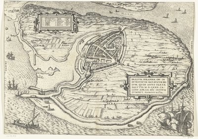 Karte der Insel Voorne und Grundriss von Brielle, 1572 von Frans Hogenberg