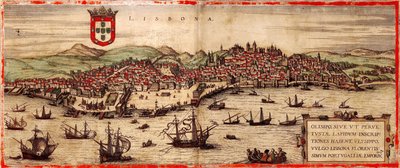 Ansicht von Lissabon und dem Tejo aus: Civitates Orbis Terrarum, 1572 von Frans Hogenberg