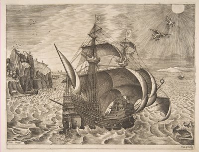 Bewaffneter Dreimaster mit Daedalus und Ikarus am Himmel aus Die Segelschiffe, 1561-65 von Frans Huys