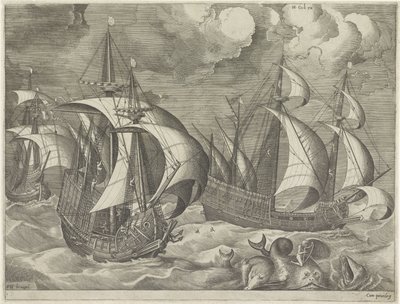 Drei Kriegsschiffe, im Vordergrund Arion auf einem Delfin
Segelschiffe (Serientitel) von Frans Huys