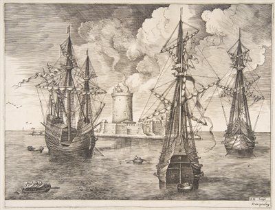 Viermaster und zwei Dreimaster vor einer befestigten Insel, aus The Sailing Ves..., 1561-65 von Frans Huys