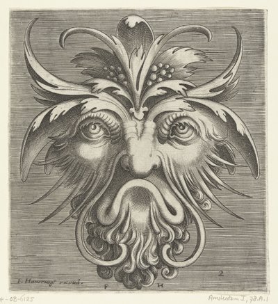 Maske mit einem Bart mit Locken (Serie: Pourtraicture ingenieuse de plusieurs facons de masques) von Frans Huys