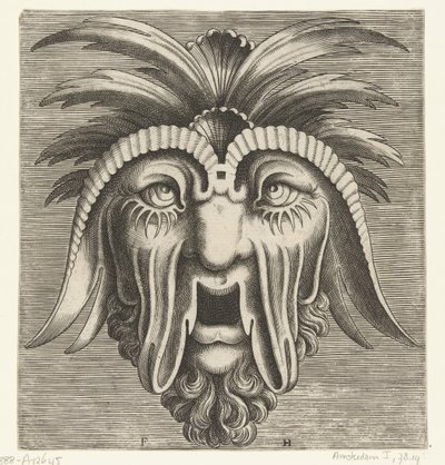 Maske mit offenem, zahnlosem Mund, hängenden Wangen und Haarschöpfen von Frans Huys