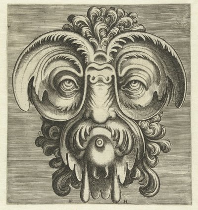 Maske mit Tellern um die Augen und einem Büschel Locken auf dem Kopf
Pourtraicture ingenieuse de plusieurs facons de masques… (Serientitel) von Frans Huys