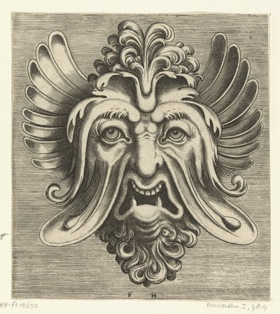 Maske mit hängenden Wangen, zwei spitzen Unterzähnen und einer Locke auf der Nasenwurzel von Frans Huys