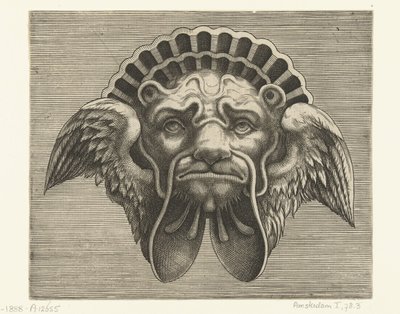 Maske mit Flügeln anstelle von Ohren und einem Kopfschmuck in Form einer Muschel von Frans Huys