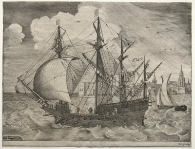 Segelschiffe: Bewaffneter Viermaster fährt zur See, 1561-65 von Frans Huys