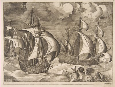Drei Karavellen in einem aufkommenden Sturm mit Arion auf einem Delfin aus Die Segelschiffe, 1561-65 von Frans Huys
