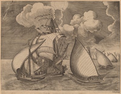 Eine Flotte von Galeeren eskortiert von einer Karavelle von Frans Huys after Pieter Bruegel the Elder