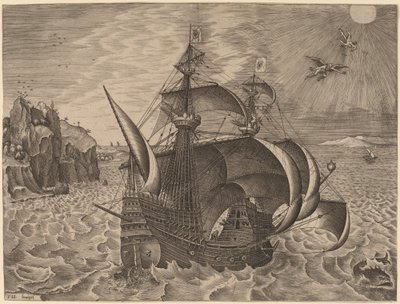 Bewaffneter Dreimaster mit Daedalus und Ikarus am Himmel von Frans Huys after Pieter Bruegel the Elder
