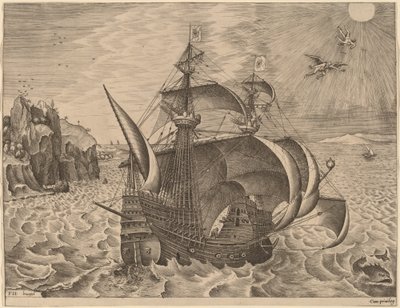 Bewaffneter Dreimaster mit Daedalus und Ikarus am Himmel von Frans Huys after Pieter Bruegel the Elder
