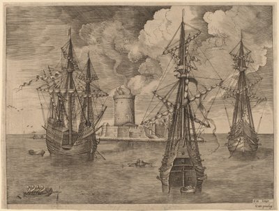 Viermaster (links) und zwei Dreimaster vor einer befestigten Insel mit Leuchtturm von Frans Huys after Pieter Bruegel the Elder