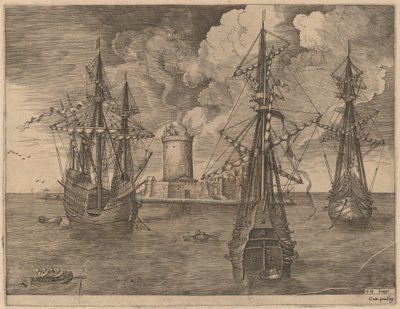 Viermaster (links) und zwei Dreimaster vor einer befestigten Insel mit Leuchtturm von Frans Huys after Pieter Bruegel the Elder