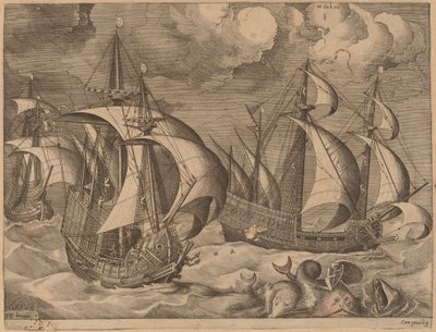Drei Karavellen in einem aufkommenden Sturm mit Adrion auf einem Delphin von Frans Huys after Pieter Bruegel the Elder