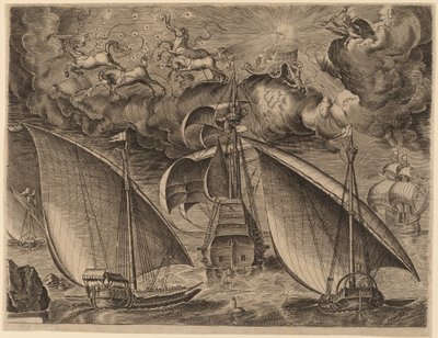 Zwei Galeeren hinter einem bewaffneten Dreimaster mit Phaethon und Jupiter am Himmel von Frans Huys after Pieter Bruegel the Elder