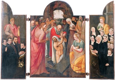 Triptychon: Die Auferweckung des Lazarus im zentralen Fach mit einem knienden männlichen Stifter, präsentiert von St. Jacob und seinen Söhnen auf dem linken Flügel, seine Frau kniend, präsentiert von St. Katharina und ihren Töchtern auf dem rechten Flügel von Frans I Pourbus