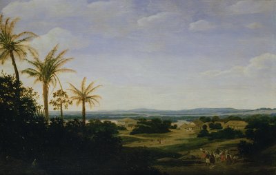 Brasilianische Landschaft mit der portugiesischen Residenz, der Kirche und der Casa Granda, der Fluss Varzea dahinter von Frans Post