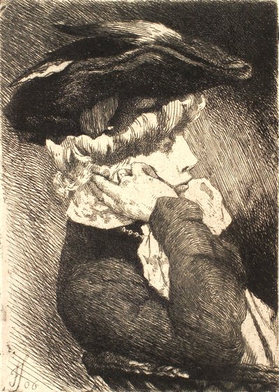 Brustbild einer sitzenden jungen Dame mit Hut, scharfes Profil von Frans Schwartz