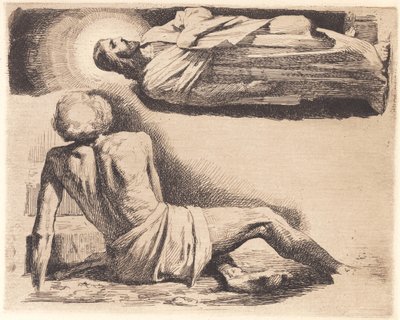 Probedruck: Liegender Mann und eine Christusfigur oben von Frans Schwartz