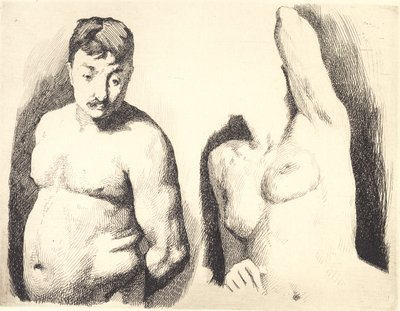Probenplatte mit zwei Studien nach nacktem männlichen und weiblichen Modell in Halbfigur von Frans Schwartz