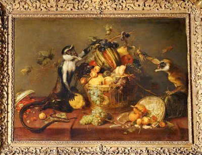 Zwei Affen plündern einen Obstkorb von Frans Snyders
