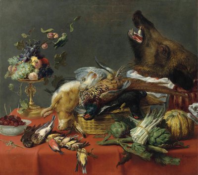 Gedeckter Tisch mit Wild, Obst, Gemüse und einem Wildschweinkopf von Frans Snyders