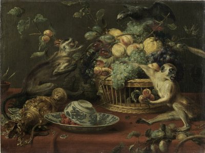 Affen und Papagei in der Nähe eines Obstkorbs von Frans Snyders