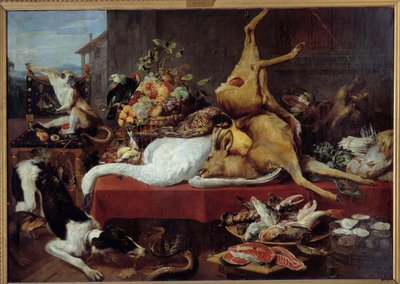 Stillleben mit Wild (Fasan, Gans, Hirsch), Fischscheibe, Krabbe, Hülsenfrüchte von Frans Snyders
