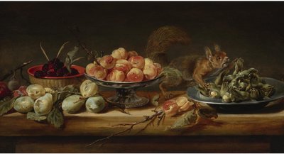 Stillleben mit Pfirsichen in einer Tazza, Haselnüssen auf einem Zinnteller, Himbeeren in einem Korb, mit Birnen und einem Eichhörnchen auf einem Tisch von Frans Snyders